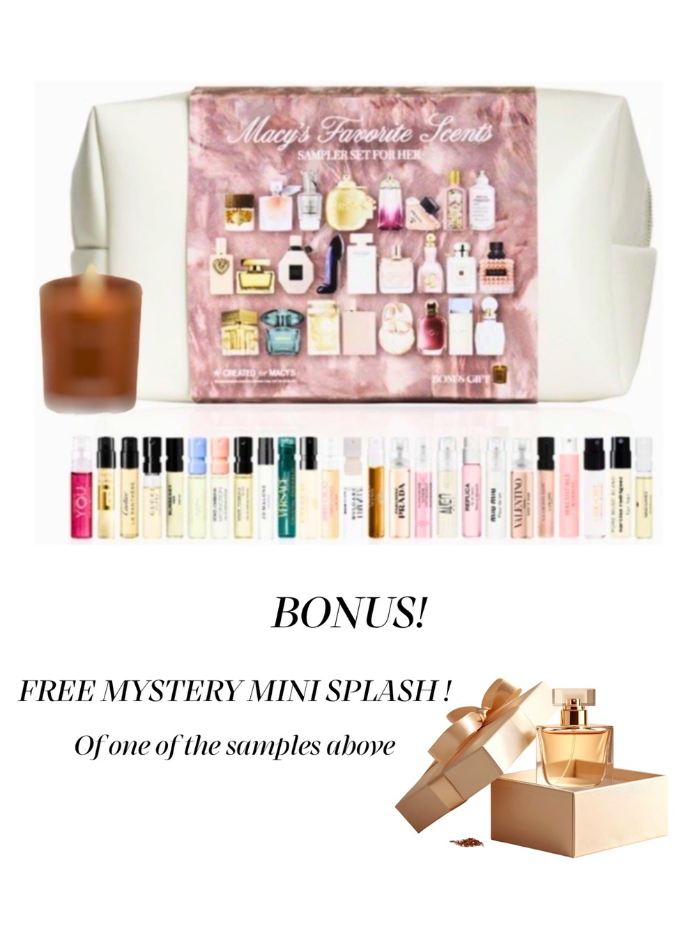 Macy's 26 Pc. Fragrance Sampler Set For Her + Bonus Lovery Candle, Bag & MORE!